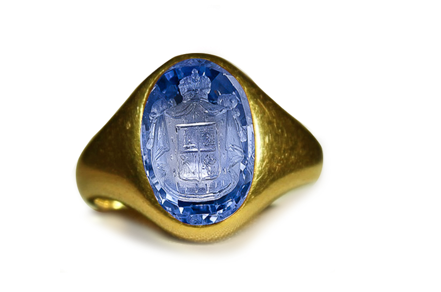 Authentic Ancient Signet Rings with Rich Blue Color & Vibrant Trade from Burma Sapphire in Gold Signet Ring Depicting a Head of a Royal- Emblem Warrior, Goldsmith Designs, Copies & Images, Artist Antonio Berini Gem-cutter in Roman Court