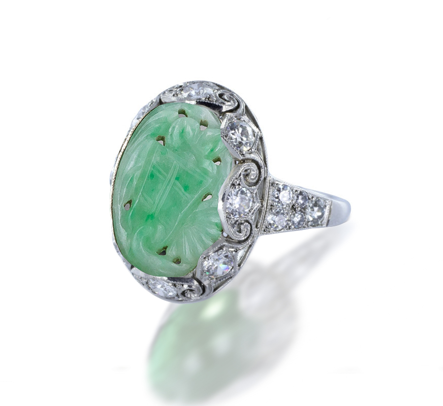 Natural Color Deep Candy Apple Green Carved Jadeite Burma Jade Cabochon