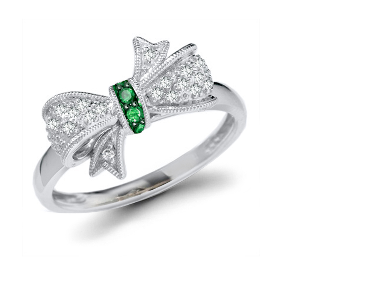 Georgian Micropave Diamond Ribbon & Emerald Bow Gold Gold Ring