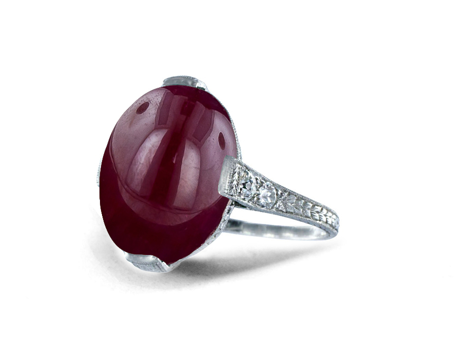 Victorian Gold Floral Scrollwork Bright Cherry Luscious Red Deeply Saturated Ruby Cabochon Ring Flanked with Round Diamonds 