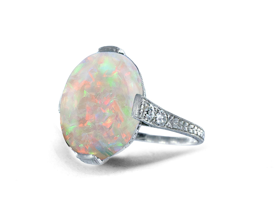 Special Design Victorian Gold Floral Scrollwork Bright Multi-Color Luscious Deeply Saturated "Vibrant" Opal Cabochon Ring Flanked with Round Diamonds