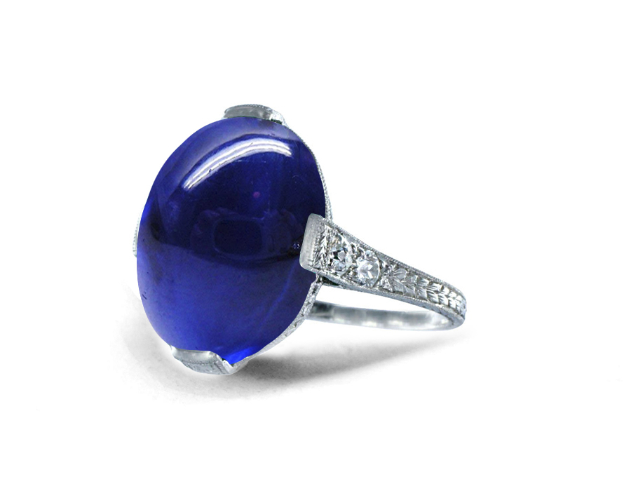 Special Design Victorian Gold Floral Scrollwork Bright Cornflower Blue Luscious Deeply Saturated "Vibrant" Sapphire Cabochon Ring Flanked with Round Diamonds