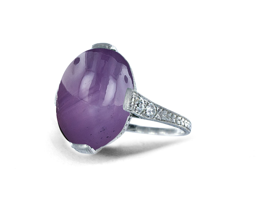Special Design Victorian Gold Floral Scrollwork Bright Purple Luscious Deeply Saturated "Vibrant" Sapphire Cabochon Ring Flanked with Round Diamonds