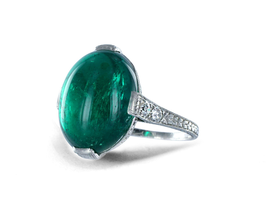 Special Design Victorian Gold Floral Scrollwork Bright Crystal Hue Green Luscious Deeply Saturated "Vibrant" Emerald Cabochon Ring Flanked with Round Diamonds